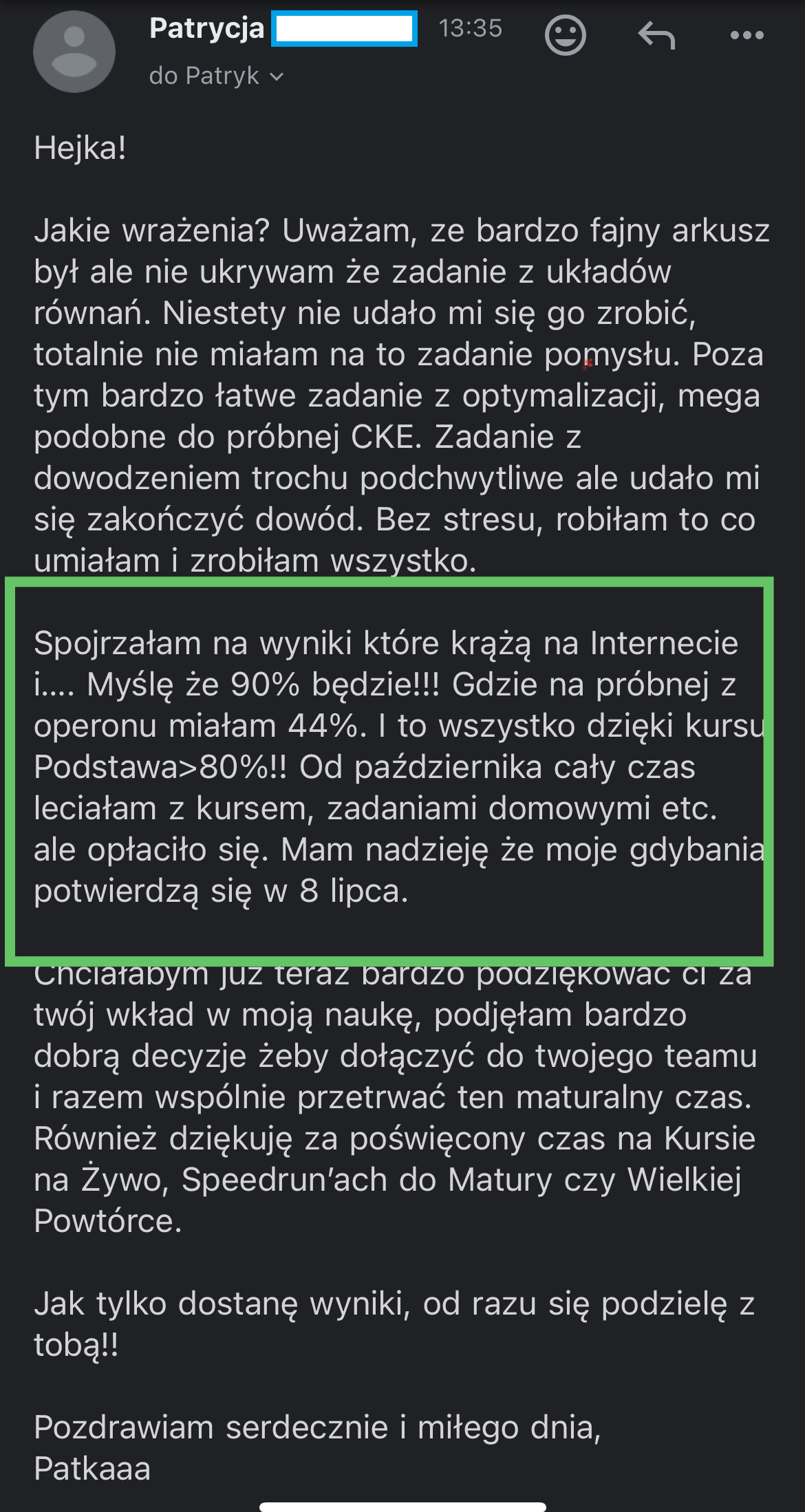 Wynik kursanta z matury podstawowej